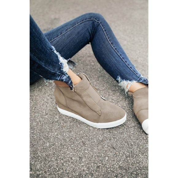 Tegan | Faux Suede Pinhole Wedge Sneakers | Taupe - Picture 3 of 4